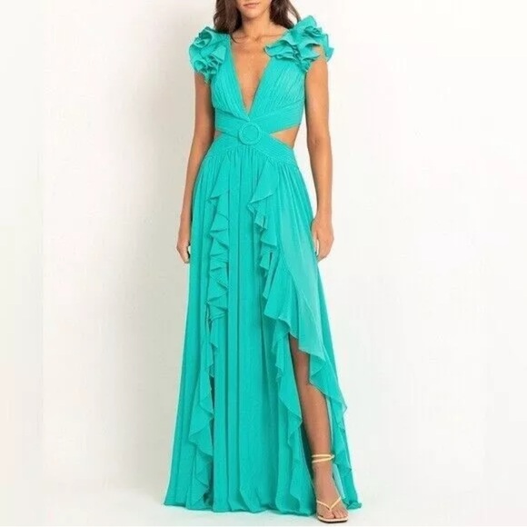 NWT PatBO Flutter Sleeves Ruffle Maxi Dress in Aqua Size 8 - Picture 3 of 13